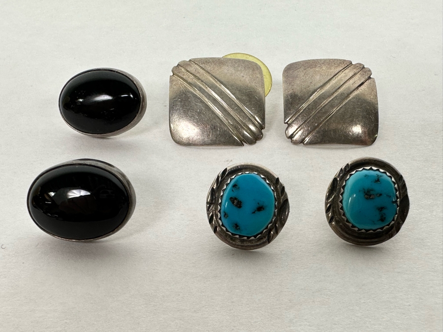 Three Pairs Of Signed Native American Sterling Silver Earrings (2 Pair Signed Jackson, 1 Pair Signed HJ) 14.4g [Photo 3]