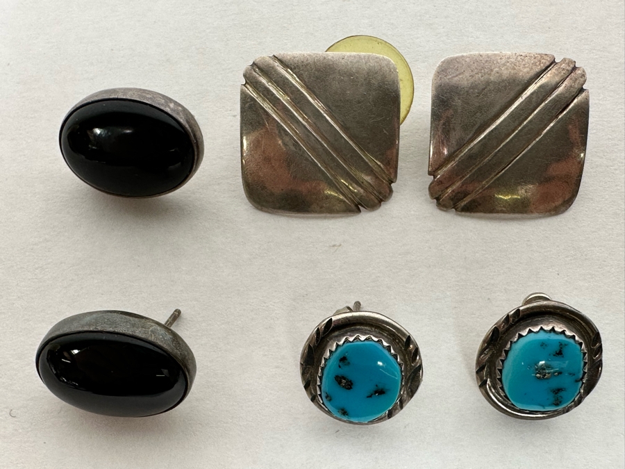 Three Pairs Of Signed Native American Sterling Silver Earrings (2 Pair Signed Jackson, 1 Pair Signed HJ) 14.4g [Photo 5]