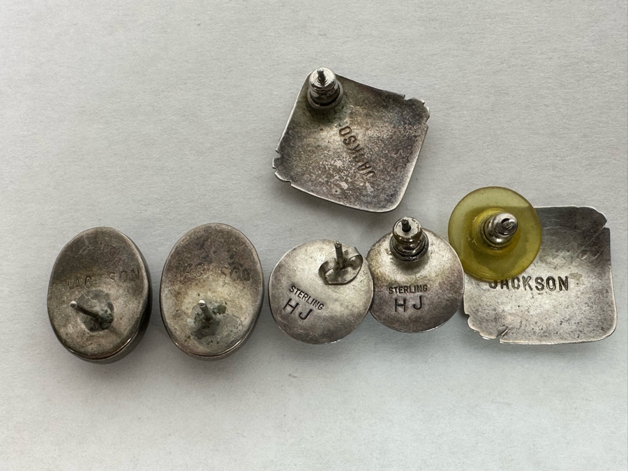 Three Pairs Of Signed Native American Sterling Silver Earrings (2 Pair Signed Jackson, 1 Pair Signed HJ) 14.4g [Photo 7]
