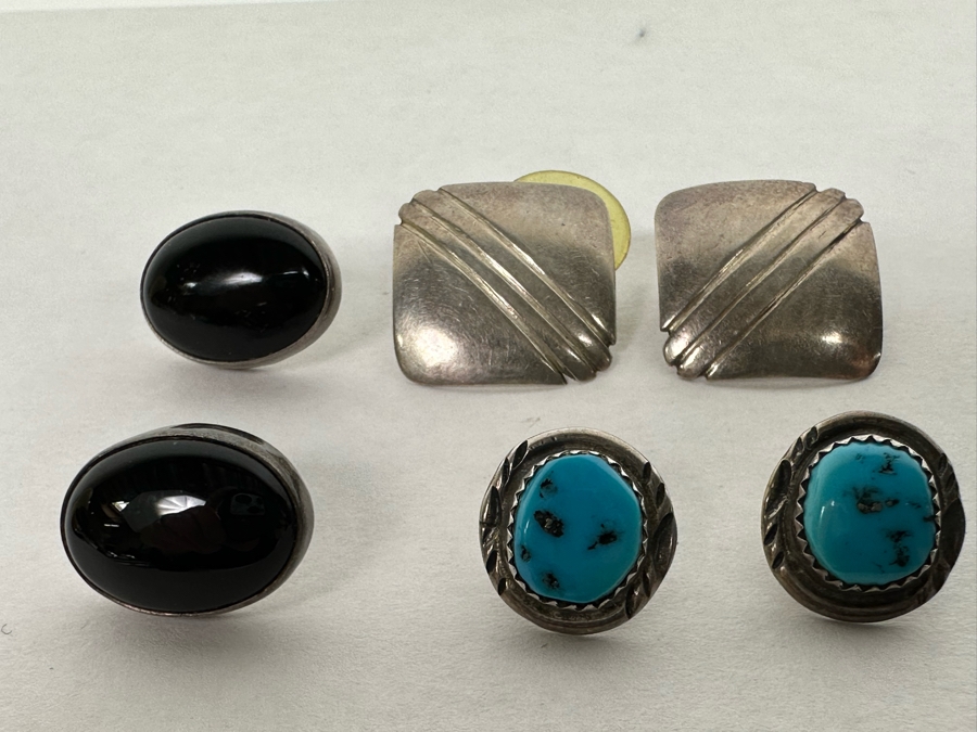Three Pairs Of Signed Native American Sterling Silver Earrings (2 Pair Signed Jackson, 1 Pair Signed HJ) 14.4g [Photo 6]