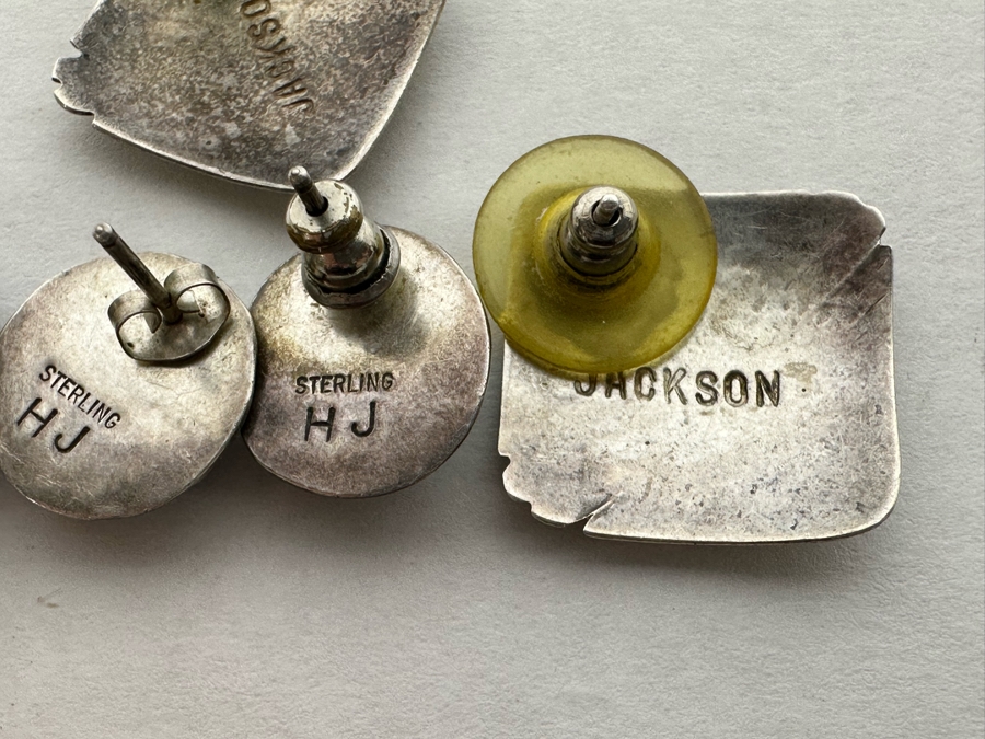 Three Pairs Of Signed Native American Sterling Silver Earrings (2 Pair Signed Jackson, 1 Pair Signed HJ) 14.4g [Photo 9]