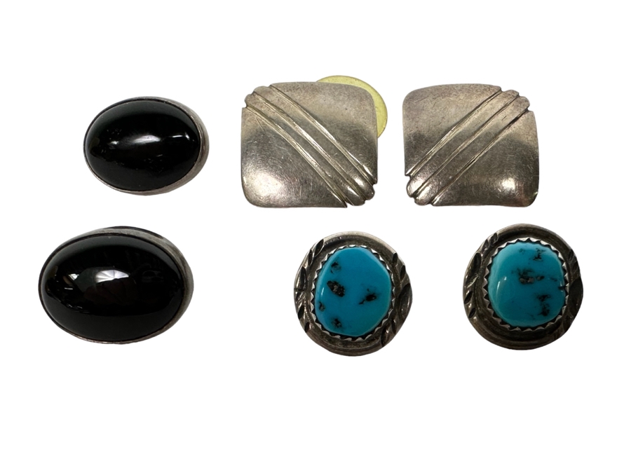 Three Pairs Of Signed Native American Sterling Silver Earrings (2 Pair Signed Jackson, 1 Pair Signed HJ) 14.4g [Photo 2]