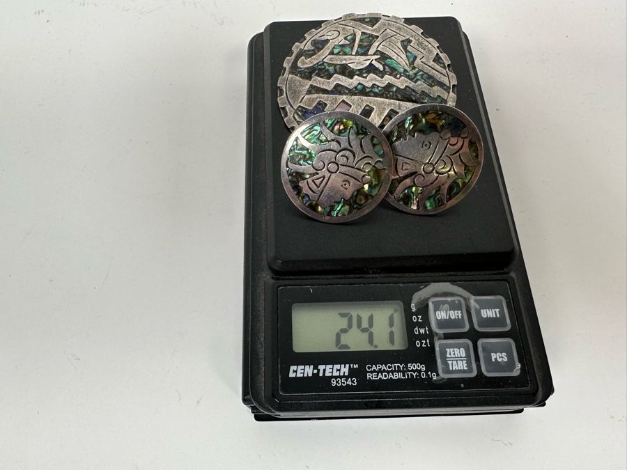 Taxco Sterling Silver Signed CP Mexican Pendant And Screwback Earring Set 24.1g [Photo 12]