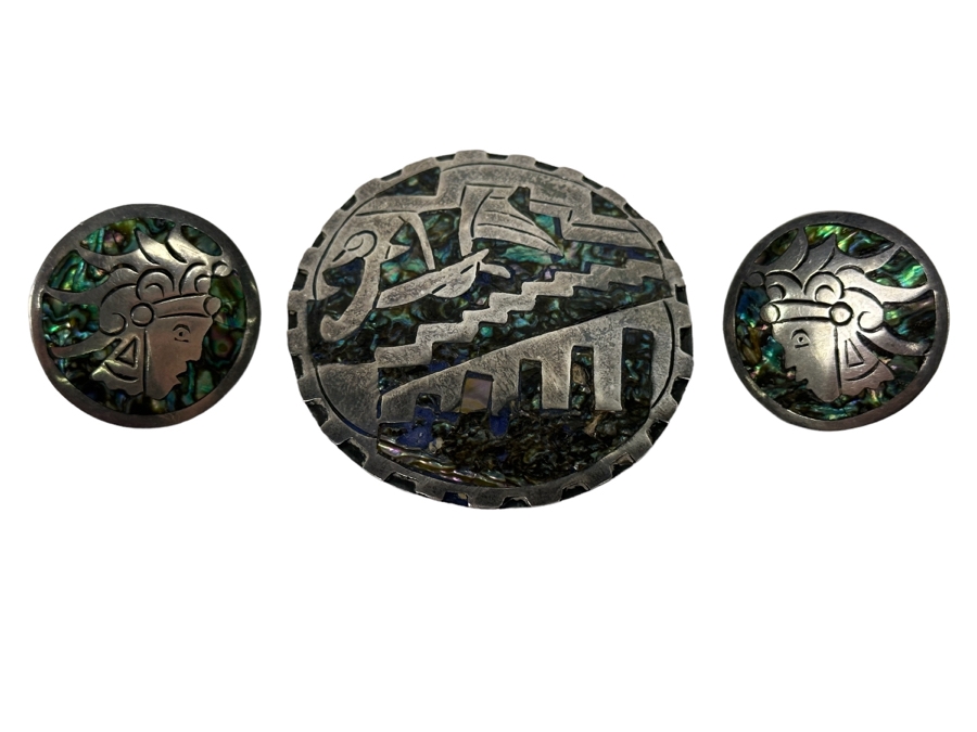 Taxco Sterling Silver Signed CP Mexican Pendant And Screwback Earring Set 24.1g [Photo 3]