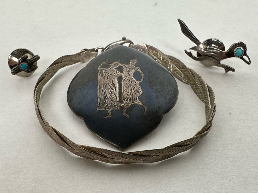Sterling Silver Jewelry Lot: SS Turquoise Road Runner Tie Tack Pin, SS Turquoise Cactus Tie Tack Pin, SS Bracelet And SS Siam Brooch Pin 18.1g  [Photo 3]