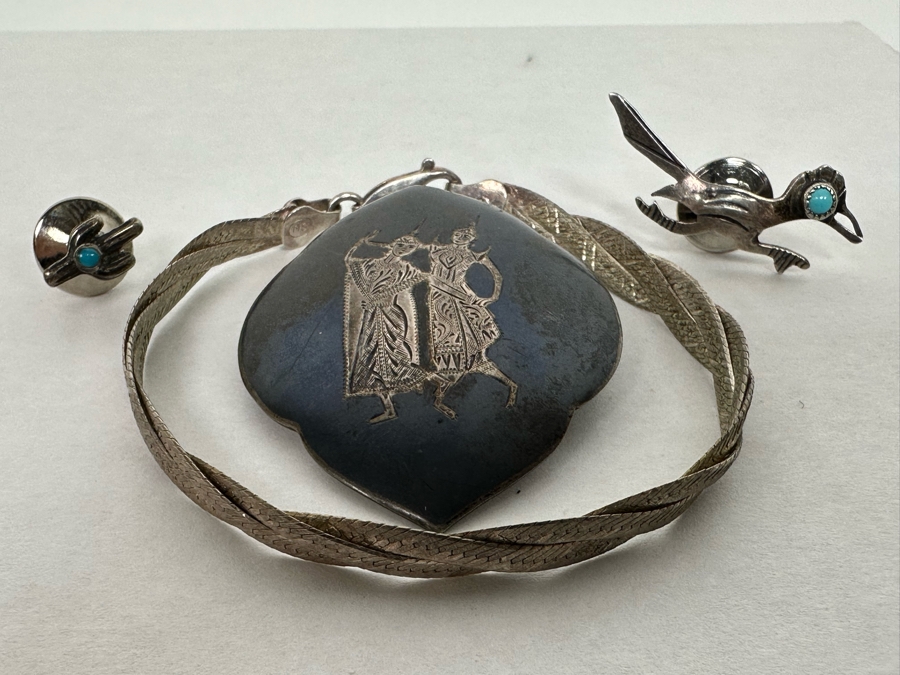 Sterling Silver Jewelry Lot: SS Turquoise Road Runner Tie Tack Pin, SS Turquoise Cactus Tie Tack Pin, SS Bracelet And SS Siam Brooch Pin 18.1g  [Photo 2]