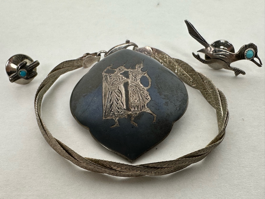 Sterling Silver Jewelry Lot: SS Turquoise Road Runner Tie Tack Pin, SS Turquoise Cactus Tie Tack Pin, SS Bracelet And SS Siam Brooch Pin 18.1g  [Photo 5]