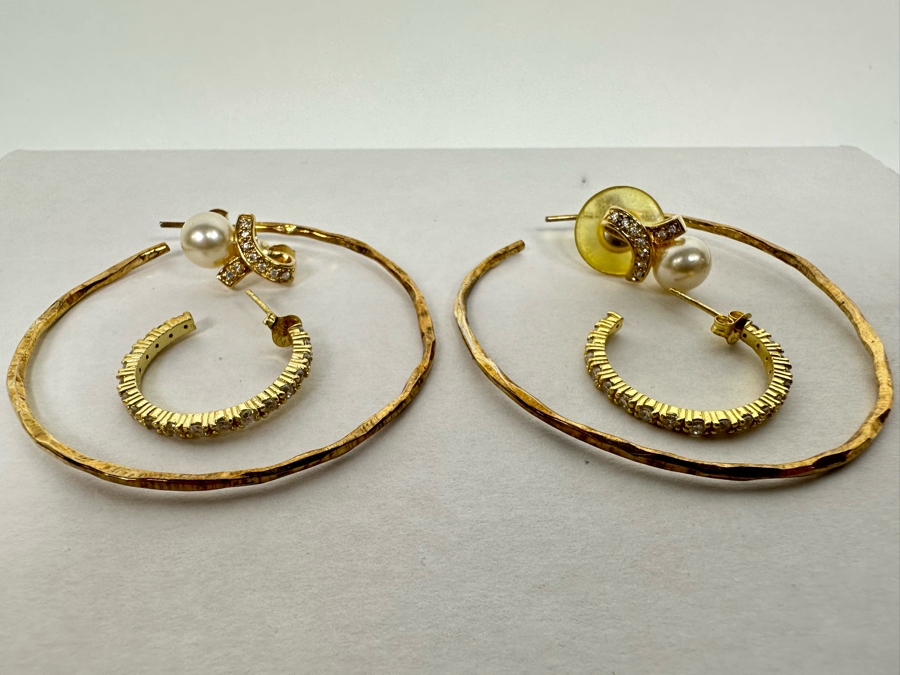 Pair Of Sterling Silver Hoop Earrings And Sterling Silver Pearl Earrings 12.9g [Photo 3]