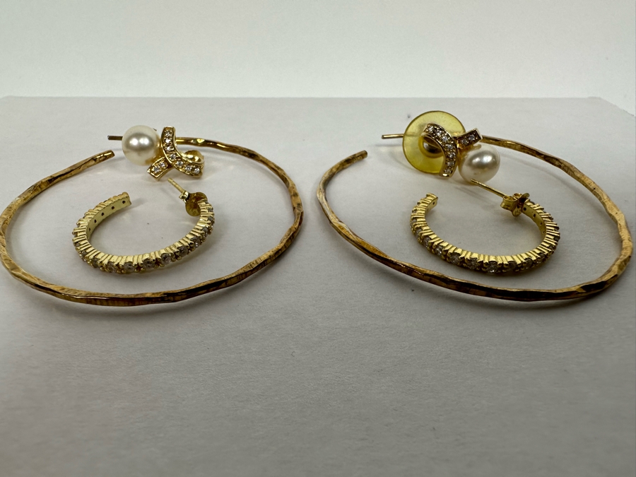 Pair Of Sterling Silver Hoop Earrings And Sterling Silver Pearl Earrings 12.9g [Photo 4]