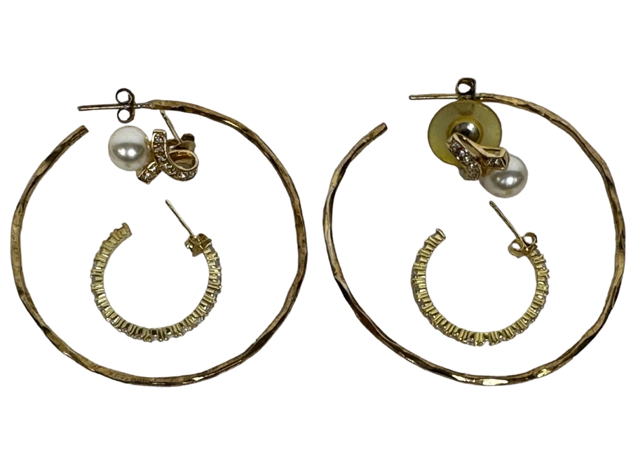 Pair Of Sterling Silver Hoop Earrings And Sterling Silver Pearl Earrings 12.9g [Photo 2]