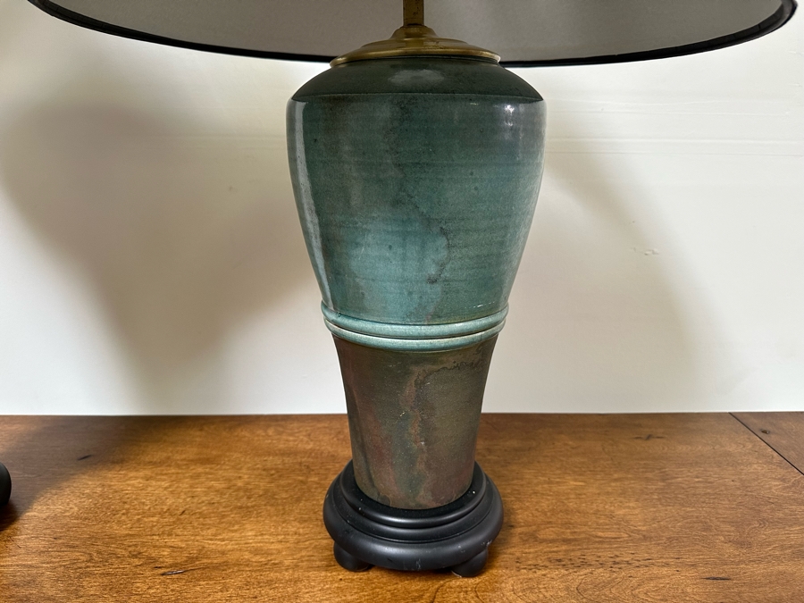 Pair Of Blue Glazed Pottery Table Lamps 30H & 36H [Photo 5]