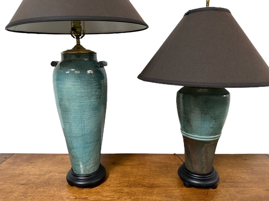 Pair Of Blue Glazed Pottery Table Lamps 30H & 36H