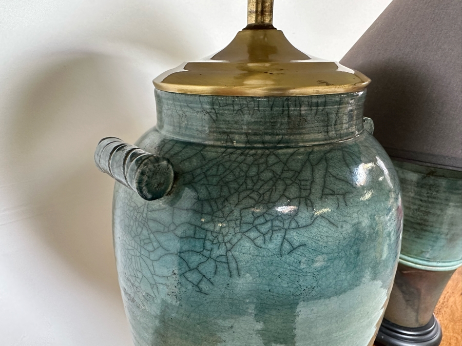 Pair Of Blue Glazed Pottery Table Lamps 30H & 36H [Photo 9]