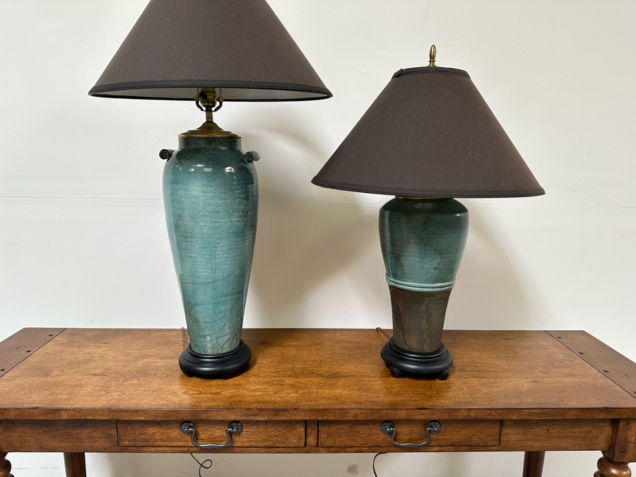 Pair Of Blue Glazed Pottery Table Lamps 30H & 36H [Photo 2]