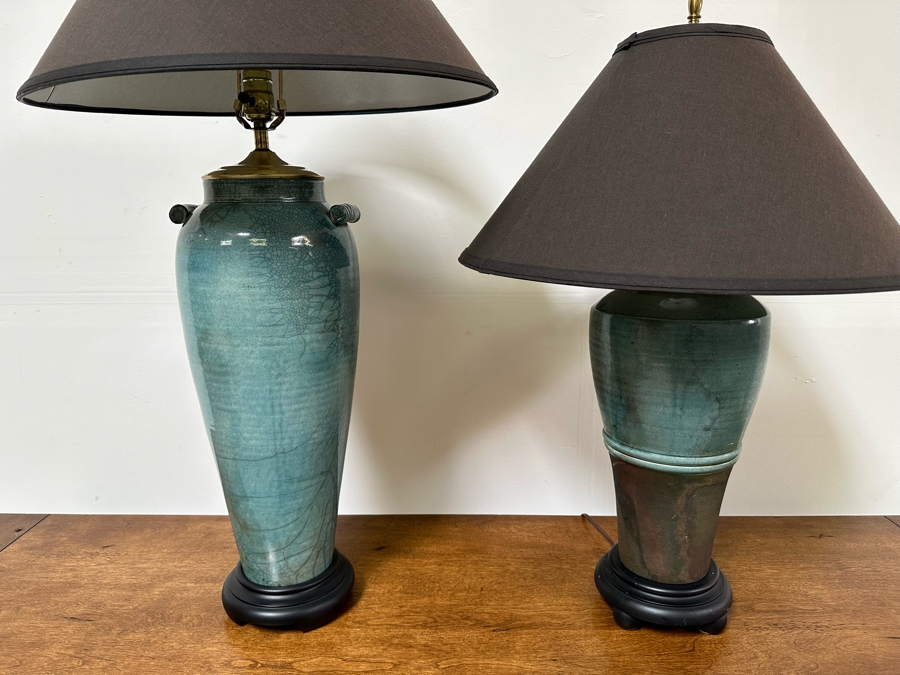 Pair Of Blue Glazed Pottery Table Lamps 30H & 36H [Photo 3]