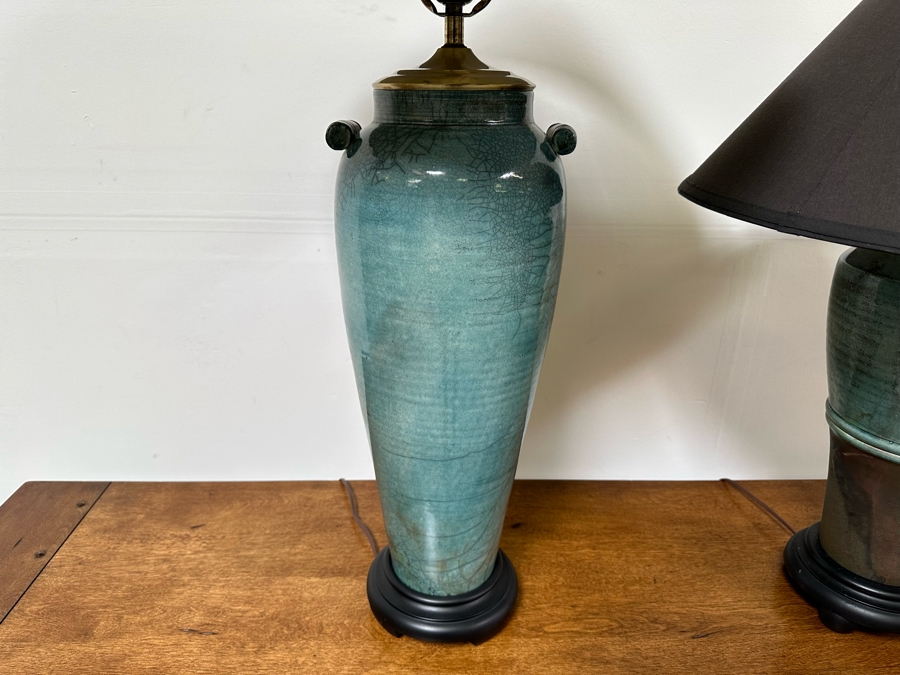 Pair Of Blue Glazed Pottery Table Lamps 30H & 36H [Photo 8]