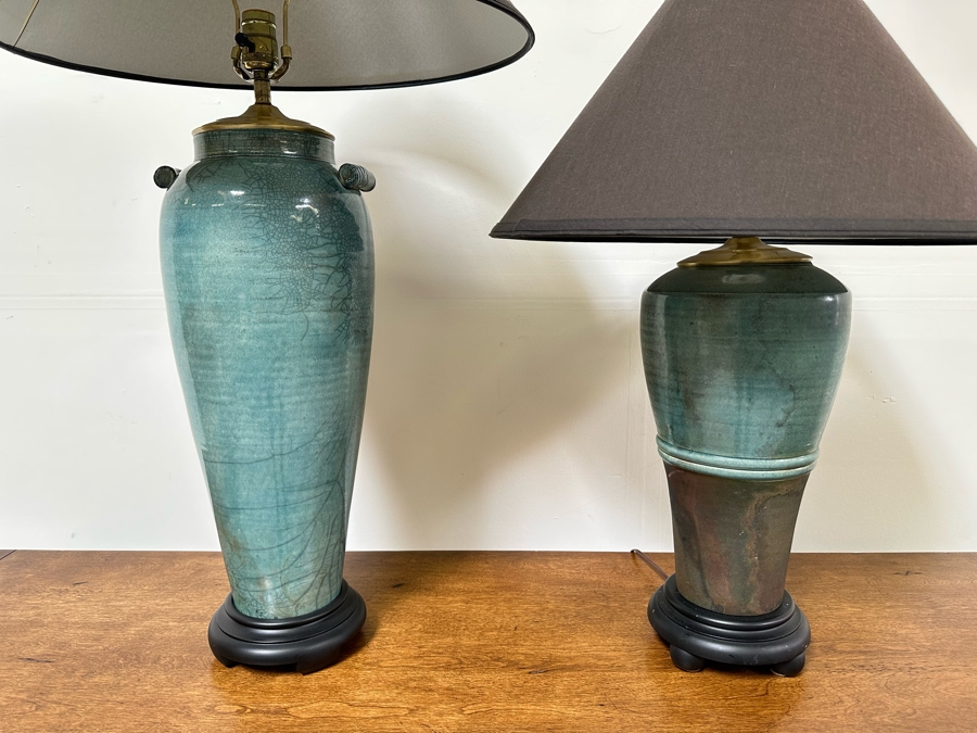 Pair Of Blue Glazed Pottery Table Lamps 30H & 36H [Photo 4]
