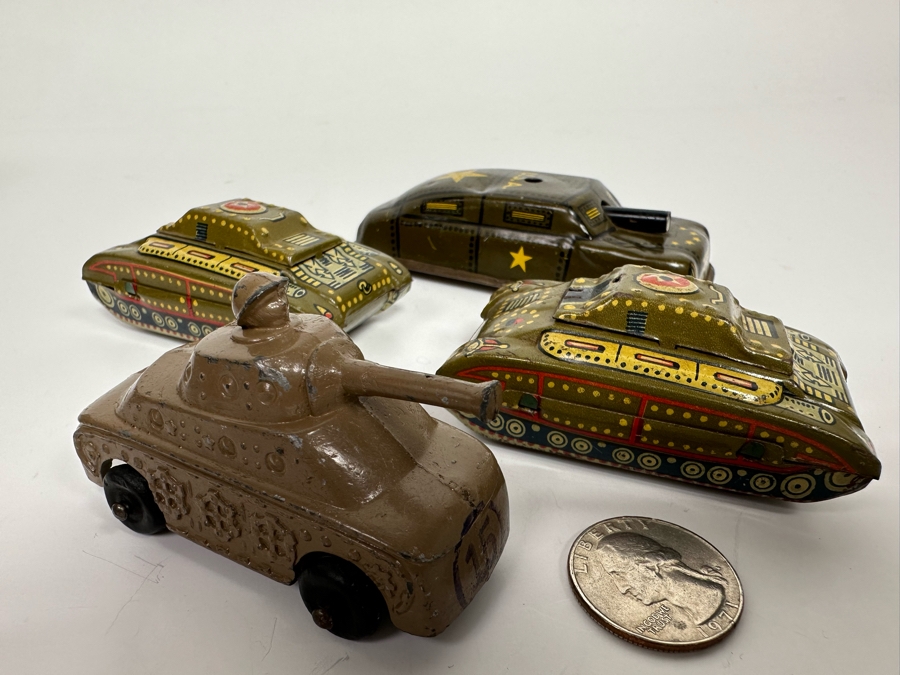 Pair Of Japanese Tin Litho Tanks, Barclay / Manoil US Army Metal Toy Tank And Argo Friction Metal Military Toy Vehicle [Photo 3]