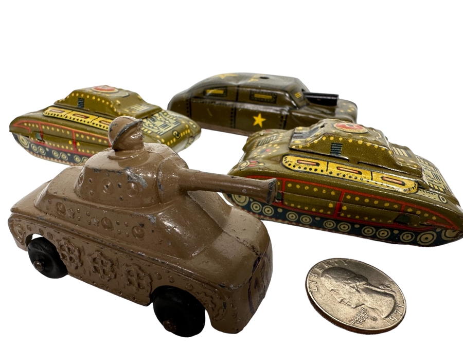 Pair Of Japanese Tin Litho Tanks, Barclay / Manoil US Army Metal Toy Tank And Argo Friction Metal Military Toy Vehicle