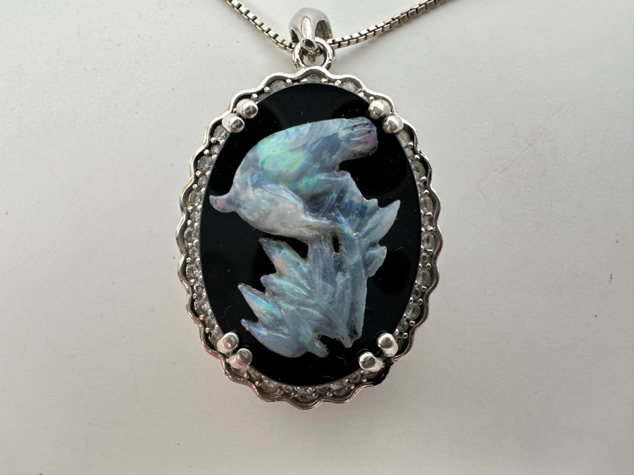Sterling Silver Carved Opal Pendant With White Sapphires Pendant And Sterling Silver 18' Chain Necklace 8.5g Retails $395 [Photo 10]