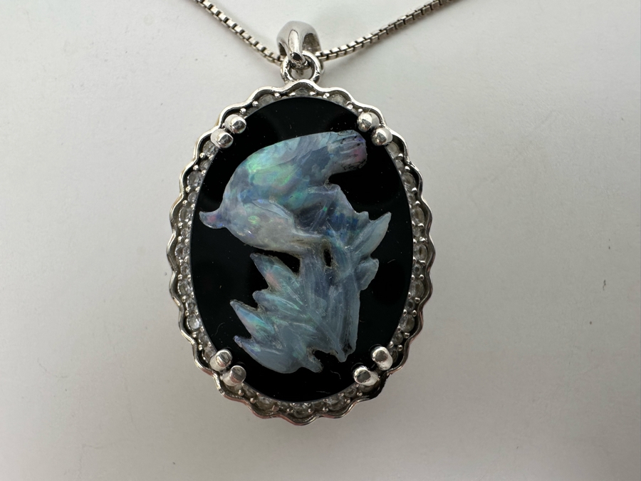 Sterling Silver Carved Opal Pendant With White Sapphires Pendant And Sterling Silver 18' Chain Necklace 8.5g Retails $395 [Photo 9]