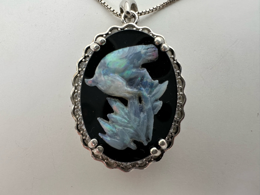 Sterling Silver Carved Opal Pendant With White Sapphires Pendant And Sterling Silver 18' Chain Necklace 8.5g Retails $395 [Photo 11]