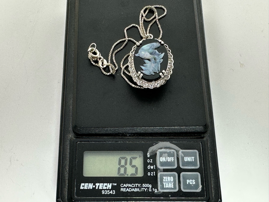 Sterling Silver Carved Opal Pendant With White Sapphires Pendant And Sterling Silver 18' Chain Necklace 8.5g Retails $395 [Photo 18]