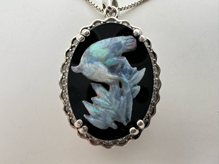 Sterling Silver Carved Opal Pendant With White Sapphires Pendant And Sterling Silver 18' Chain Necklace 8.5g Retails $395 [Photo 12]
