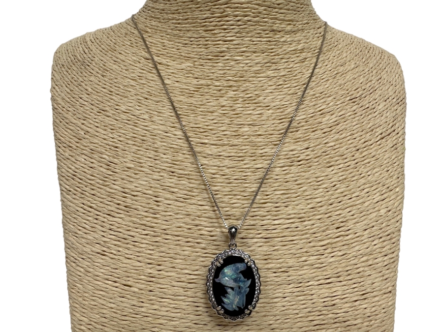 Sterling Silver Carved Opal Pendant With White Sapphires Pendant And Sterling Silver 18' Chain Necklace 8.5g Retails $395 [Photo 3]