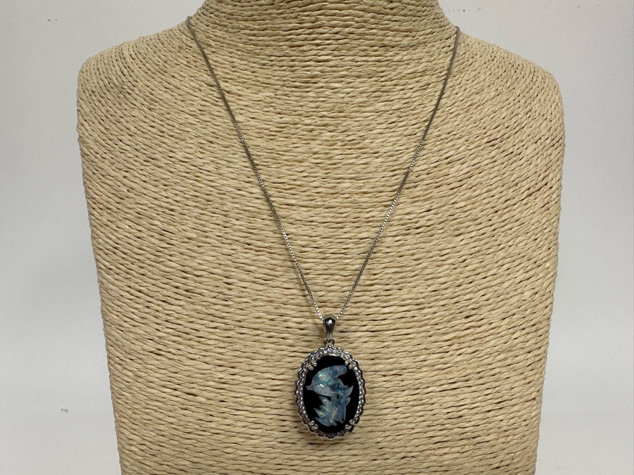 Sterling Silver Carved Opal Pendant With White Sapphires Pendant And Sterling Silver 18' Chain Necklace 8.5g Retails $395 [Photo 4]