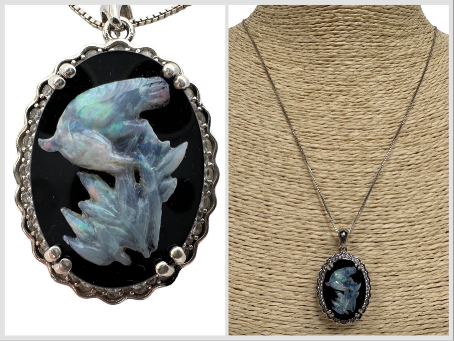 Sterling Silver Carved Opal Pendant With White Sapphires Pendant And Sterling Silver 18' Chain Necklace 8.5g Retails $395 [Photo 1]