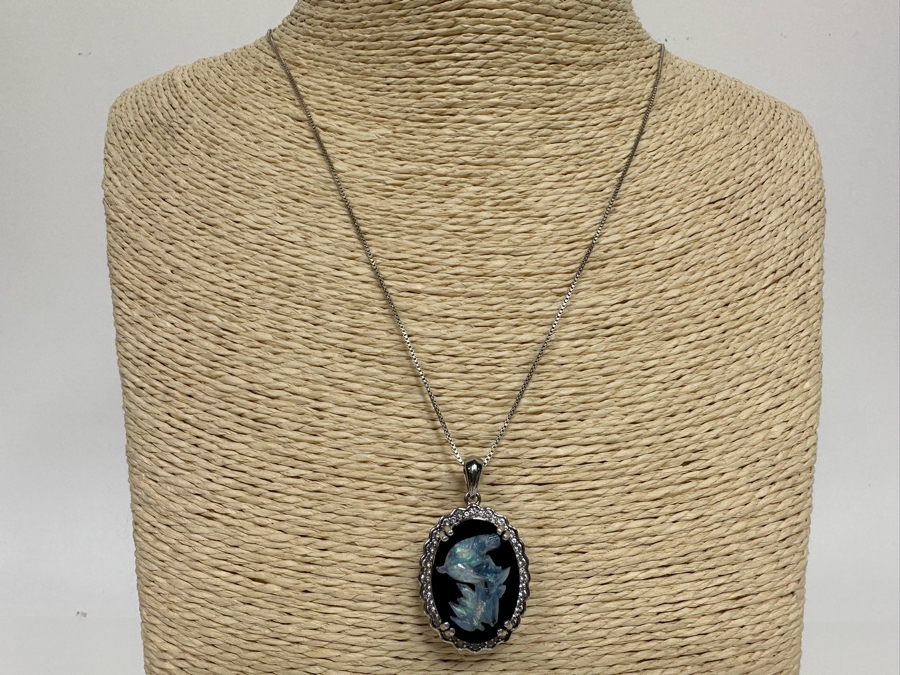 Sterling Silver Carved Opal Pendant With White Sapphires Pendant And Sterling Silver 18' Chain Necklace 8.5g Retails $395 [Photo 5]