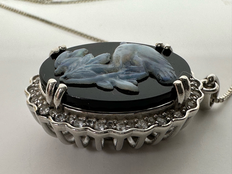 Sterling Silver Carved Opal Pendant With White Sapphires Pendant And Sterling Silver 18' Chain Necklace 8.5g Retails $395 [Photo 14]