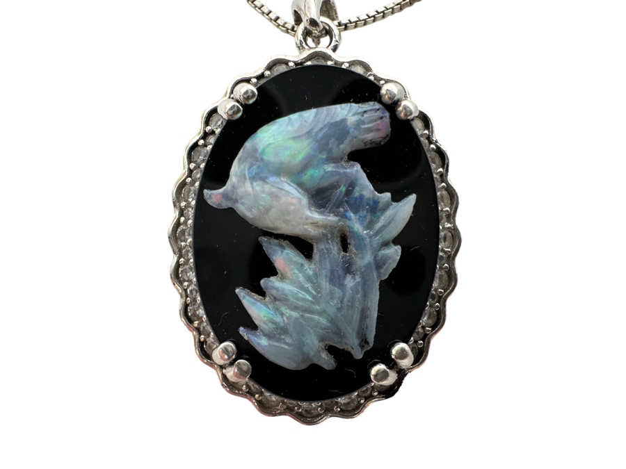 Sterling Silver Carved Opal Pendant With White Sapphires Pendant And Sterling Silver 18' Chain Necklace 8.5g Retails $395 [Photo 2]