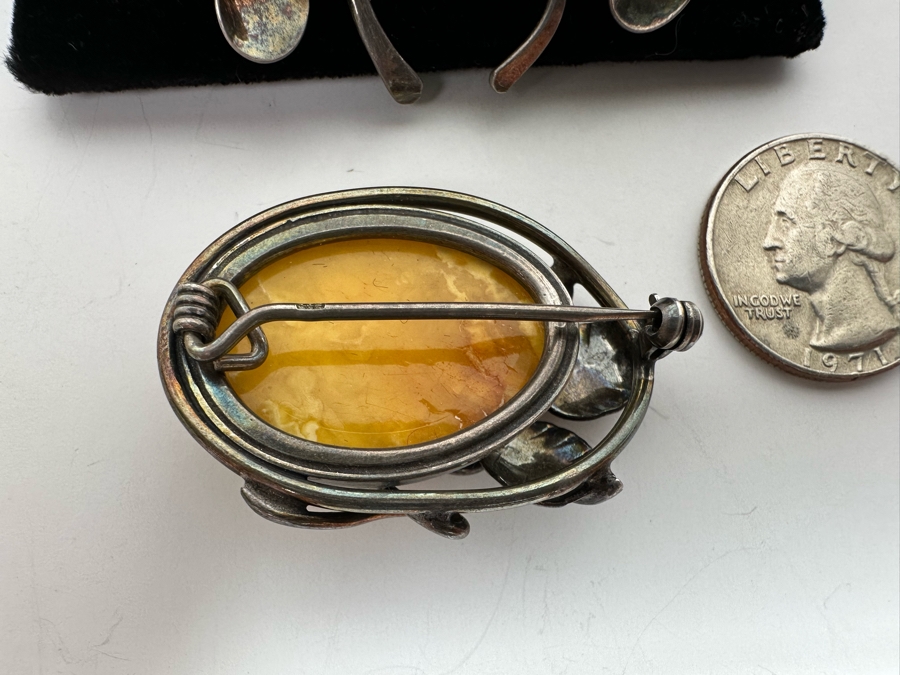 Vintage Sterling Silver Butterscotch Amber Pendant Brooch With Matching Earrings 19.8g Retails $395 [Photo 9]