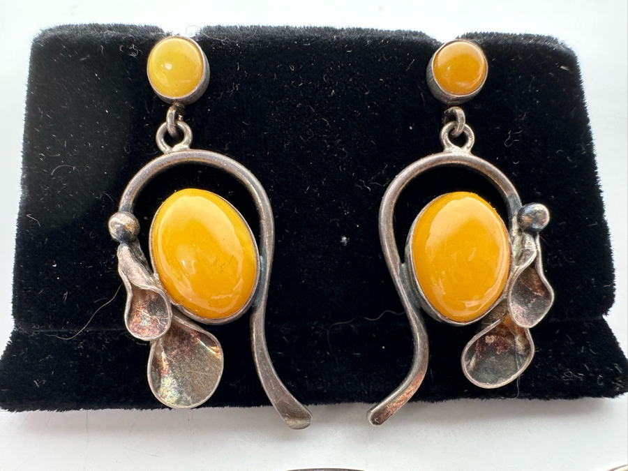 Vintage Sterling Silver Butterscotch Amber Pendant Brooch With Matching Earrings 19.8g Retails $395 [Photo 8]