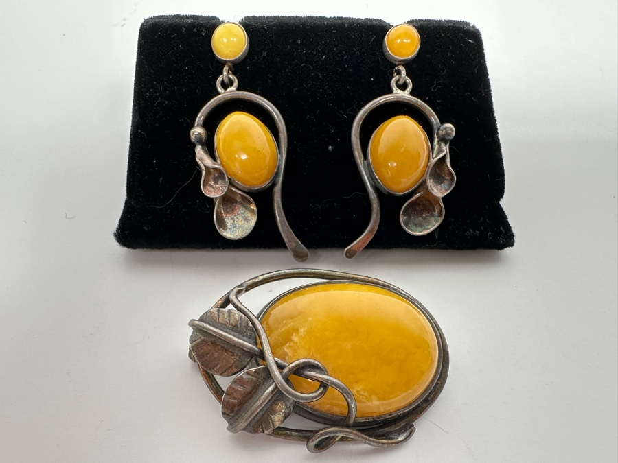 Vintage Sterling Silver Butterscotch Amber Pendant Brooch With Matching Earrings 19.8g Retails $395 [Photo 4]
