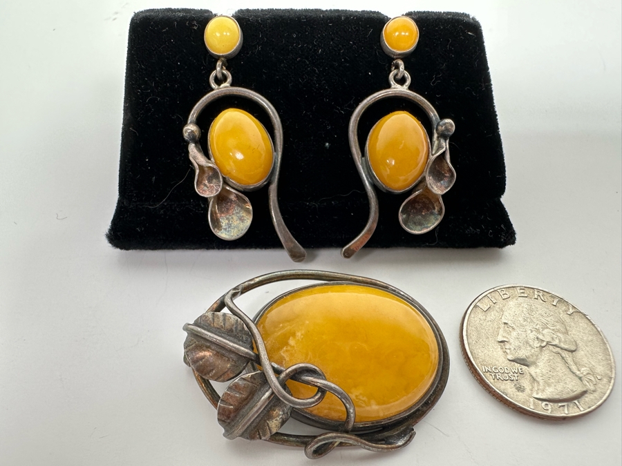 Vintage Sterling Silver Butterscotch Amber Pendant Brooch With Matching Earrings 19.8g Retails $395 [Photo 5]