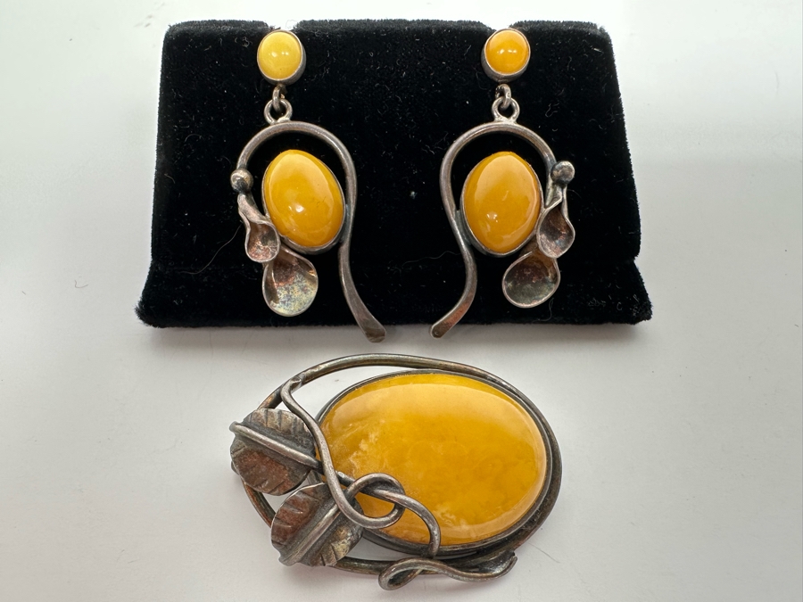 Vintage Sterling Silver Butterscotch Amber Pendant Brooch With Matching Earrings 19.8g Retails $395 [Photo 2]
