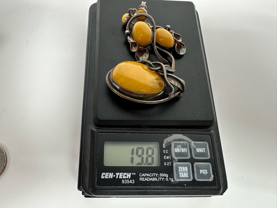 Vintage Sterling Silver Butterscotch Amber Pendant Brooch With Matching Earrings 19.8g Retails $395 [Photo 11]