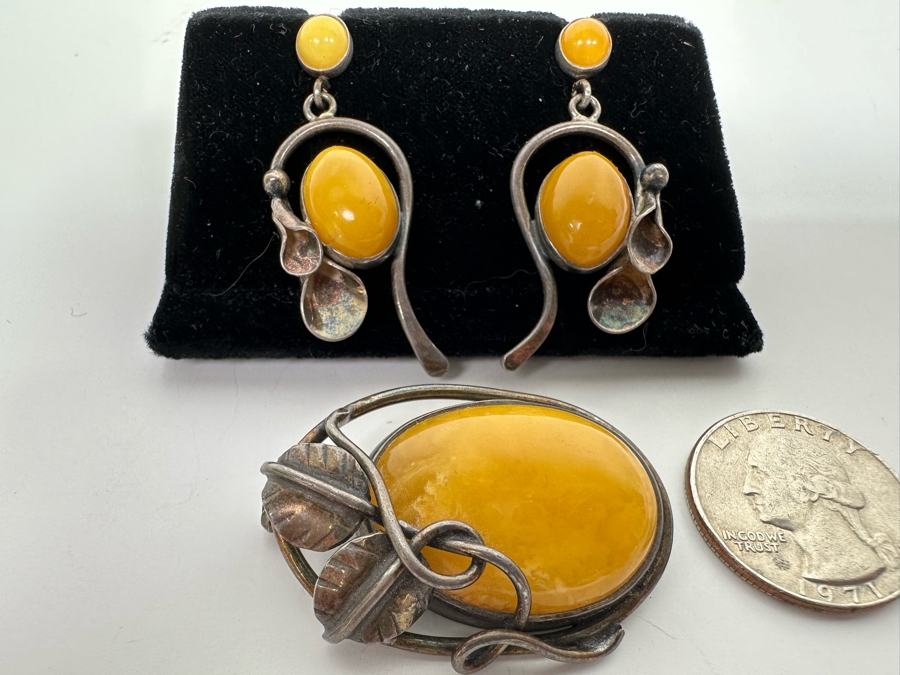 Vintage Sterling Silver Butterscotch Amber Pendant Brooch With Matching Earrings 19.8g Retails $395 [Photo 6]