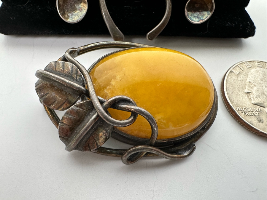 Vintage Sterling Silver Butterscotch Amber Pendant Brooch With Matching ...