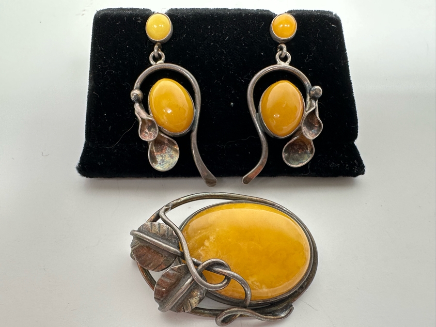 Vintage Sterling Silver Butterscotch Amber Pendant Brooch With Matching Earrings 19.8g Retails $395 [Photo 3]