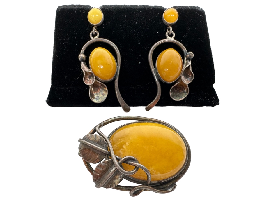 Vintage Sterling Silver Butterscotch Amber Pendant Brooch With Matching Earrings 19.8g Retails $395 [Photo 1]