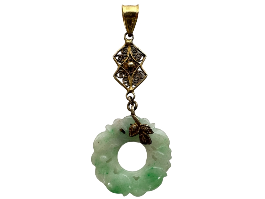 Chinese Vermeil Carved Jadeite Pendant 3.4g [Photo 1]