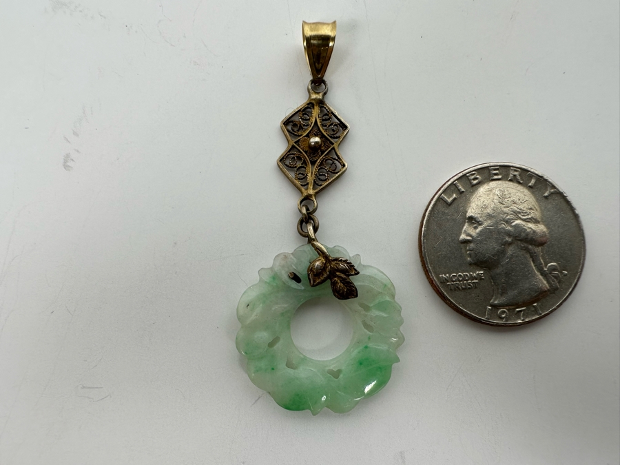 Chinese Vermeil Carved Jadeite Pendant 3.4g