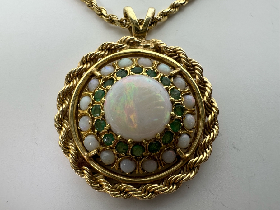 14K Gold Opal & Emerald Pendant With 14K Gold 24' Chain Necklace 16.8g Retails $2,700 [Photo 6]