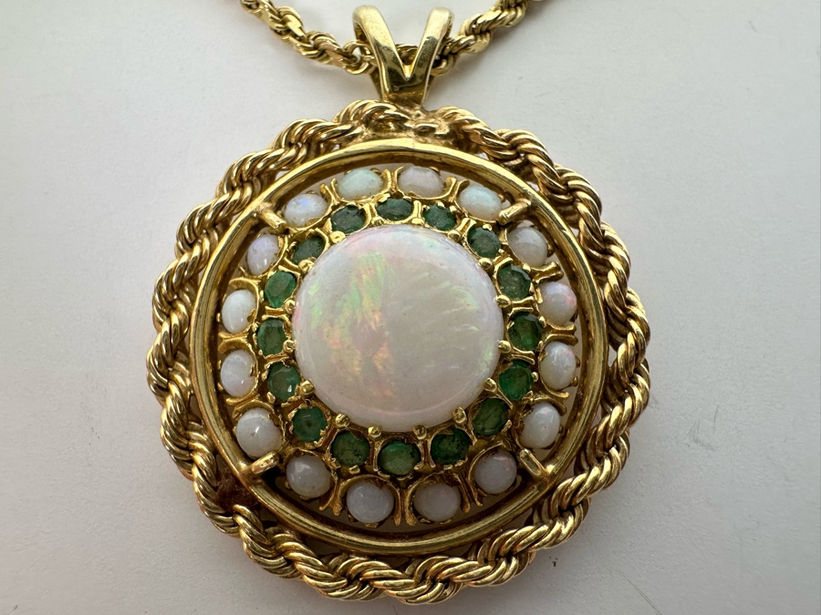 14K Gold Opal & Emerald Pendant With 14K Gold 24' Chain Necklace 16.8g Retails $2,700 [Photo 10]