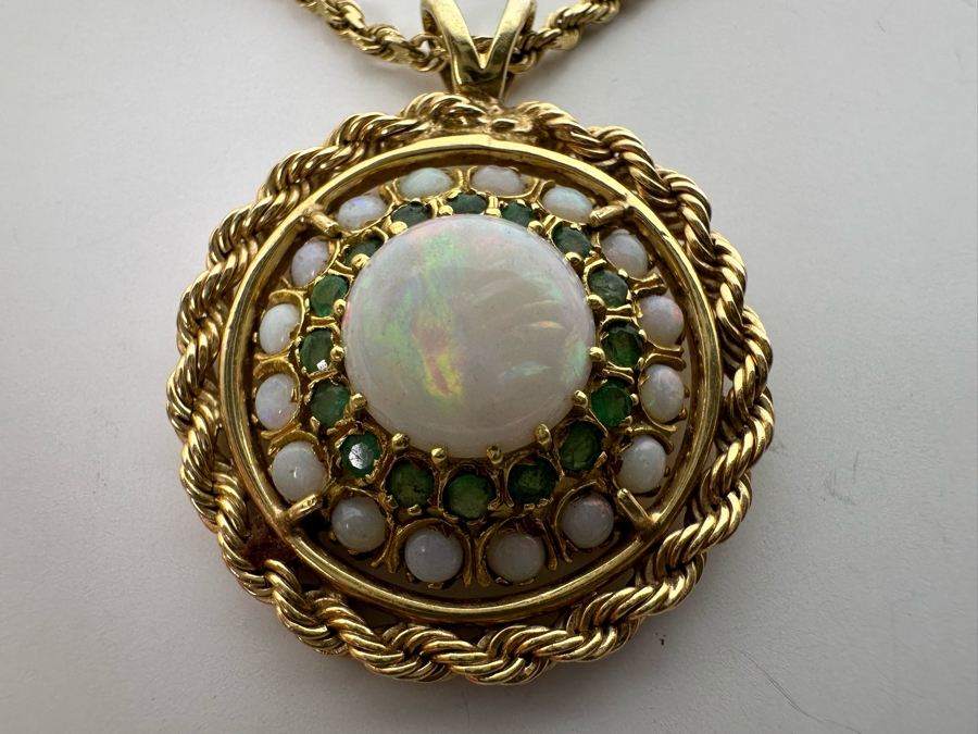 14K Gold Opal & Emerald Pendant With 14K Gold 24' Chain Necklace 16.8g Retails $2,700 [Photo 8]