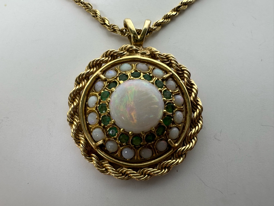 14K Gold Opal & Emerald Pendant With 14K Gold 24' Chain Necklace 16.8g Retails $2,700 [Photo 5]